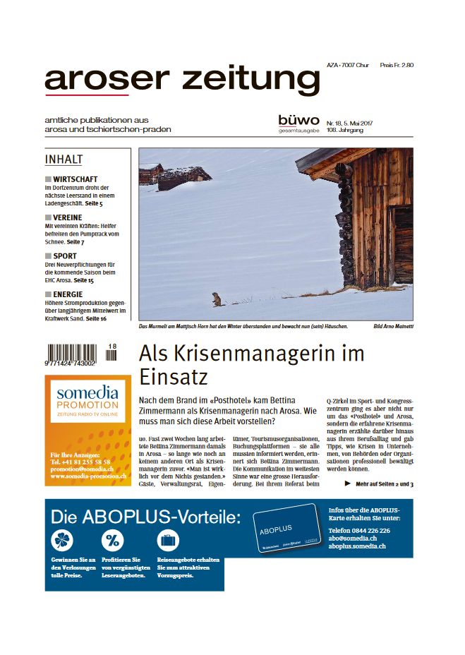 Aroser Zeitung, Als Krisenmanagerin im Einsatz, Bettina Zimmermann, Mai 2017