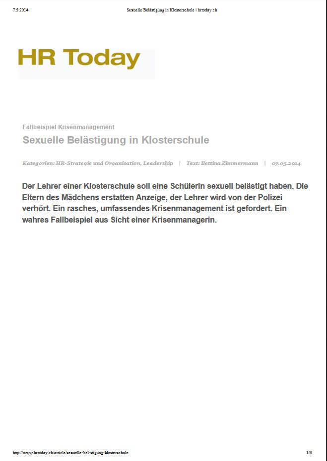 Artikel im HR Today, „Sexuelle Belästigung in Klosterschule“, Mai 2014, B. Zimmermann