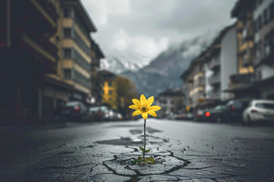 Gelbe Blume wächst aus einer Strasse